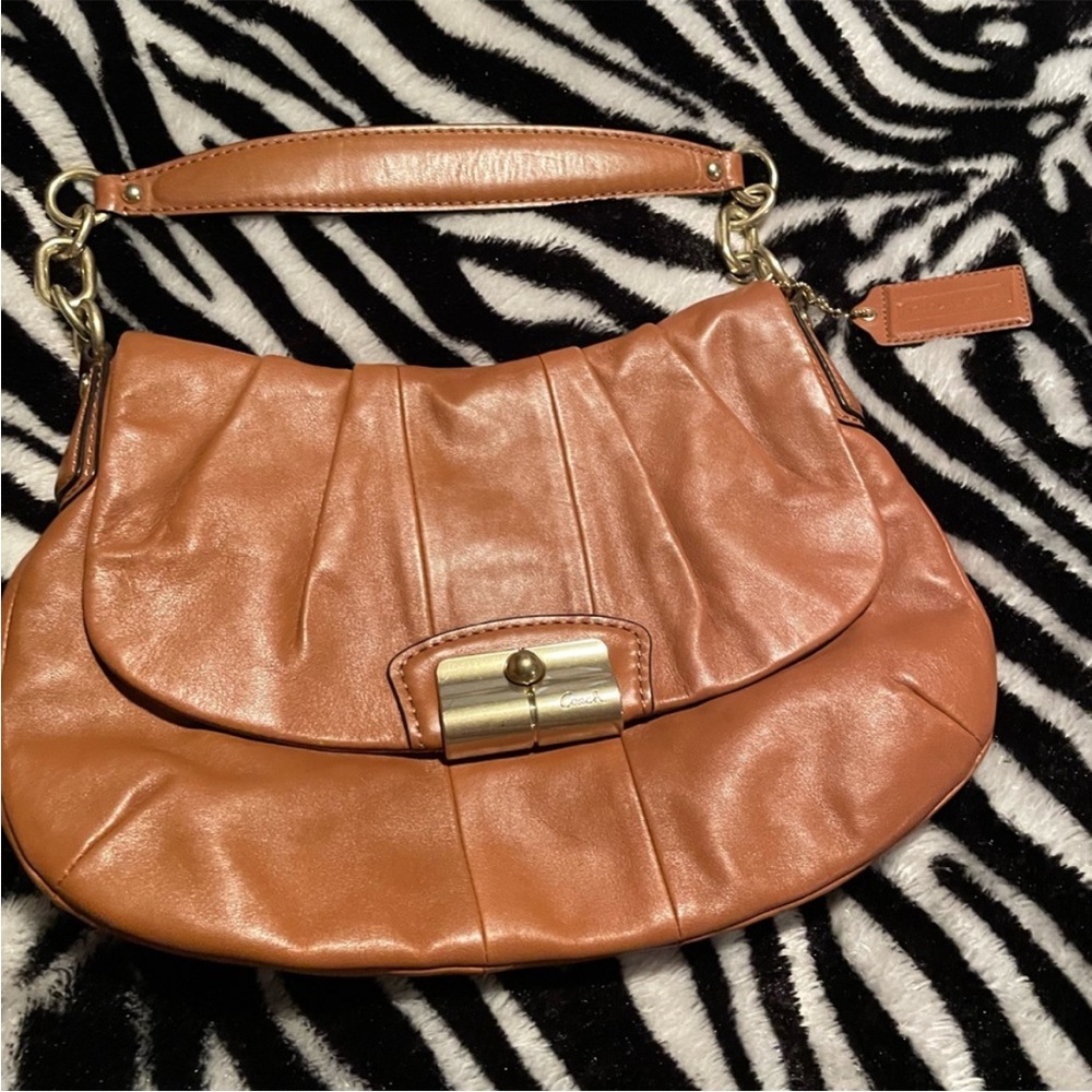 Coach Tan Leather Shoulder Hobo with Gold-Tone Turn Lock